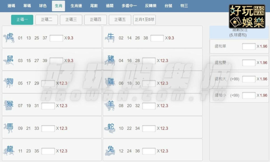 539正碼生肖動物投注法